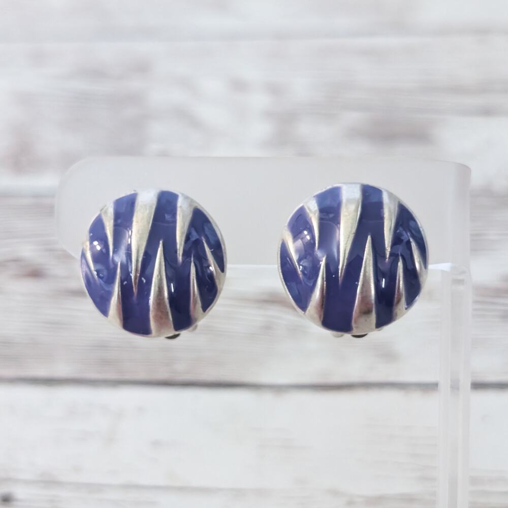 Vintage Clip On Earrings Statement Purple & Silver Tone Retro